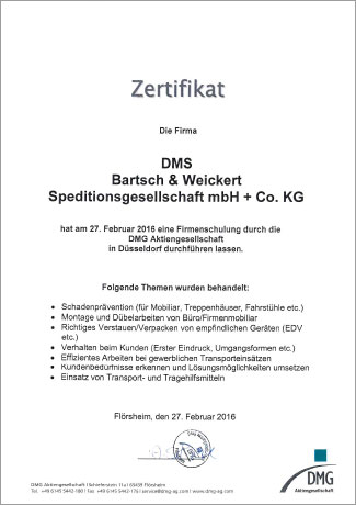Zertifikat von der DMG AG